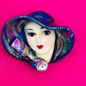Vintage Elegant Blue and Pink Lady Head Brooch
